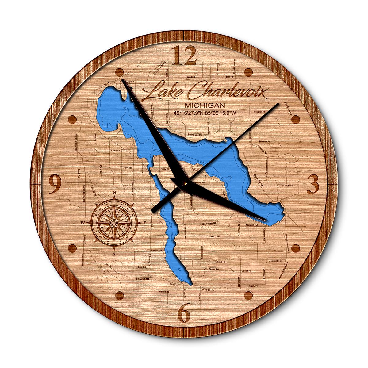 Lake Charlevoix Michigan 14in Layered Map Clock - Any Lake, Pond, or Reservoir - Unique Home Decor