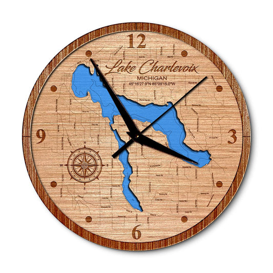 Lake Charlevoix Michigan 14in Layered Map Clock - Any Lake, Pond, or Reservoir - Unique Home Decor