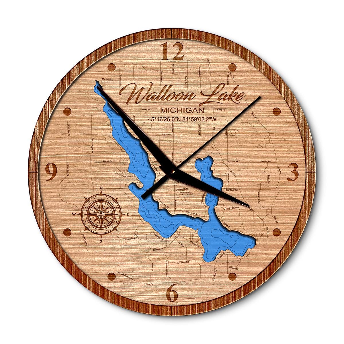 Walloon Lake, Michigan 14in Layered Map Clock - Any Lake, Pond, or Reservoir - Unique Home Decor