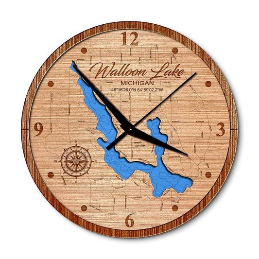 Walloon Lake, Michigan 14in Layered Map Clock - Any Lake, Pond, or Reservoir - Unique Home Decor