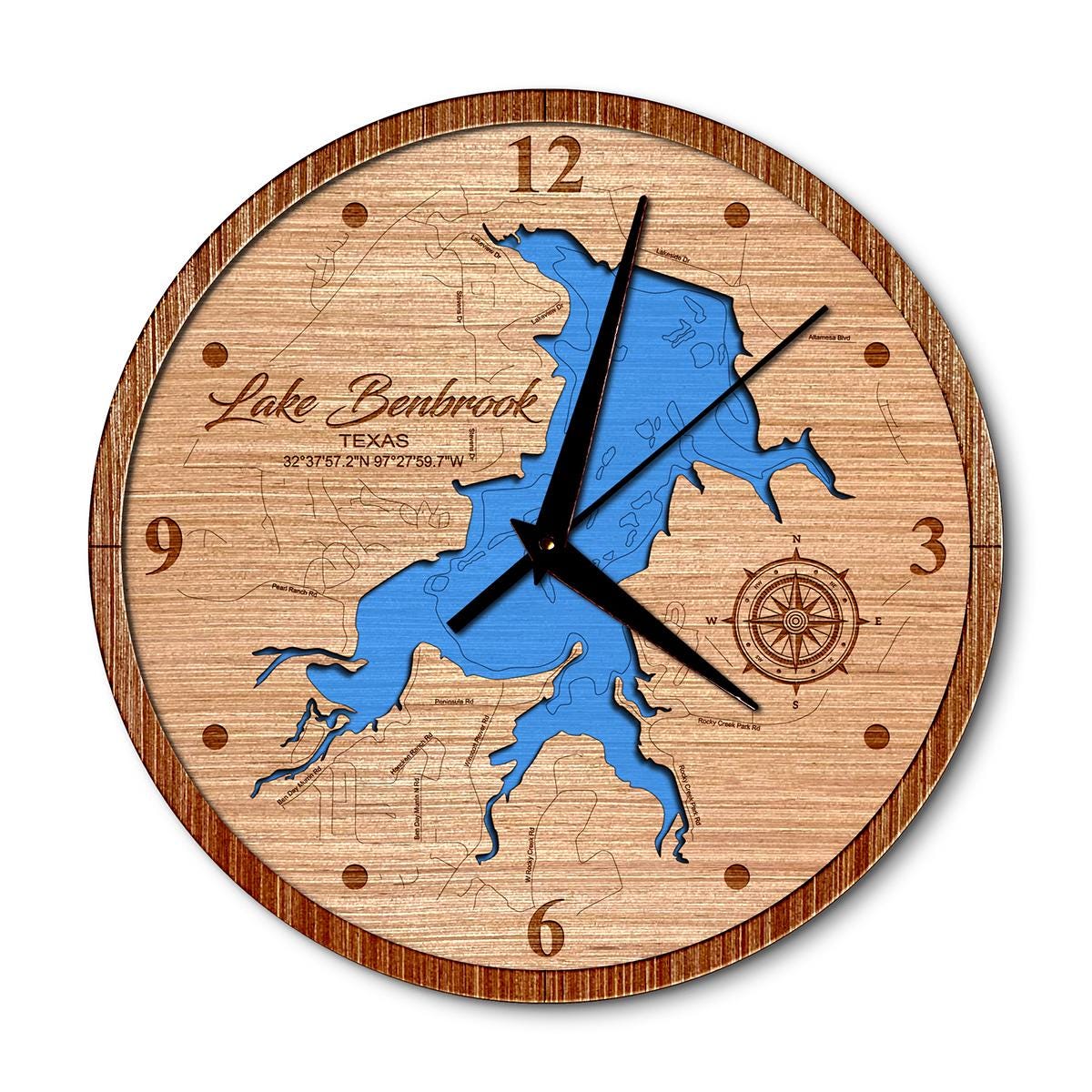 Lake Benbrook Texas 14in Layered Map Clock - Any Lake, Pond, or Reservoir - Unique Home Decor
