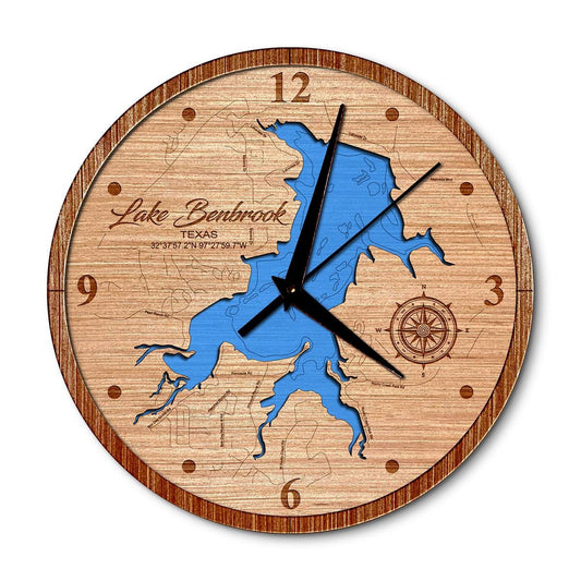 Lake Benbrook Texas 14in Layered Map Clock - Any Lake, Pond, or Reservoir - Unique Home Decor