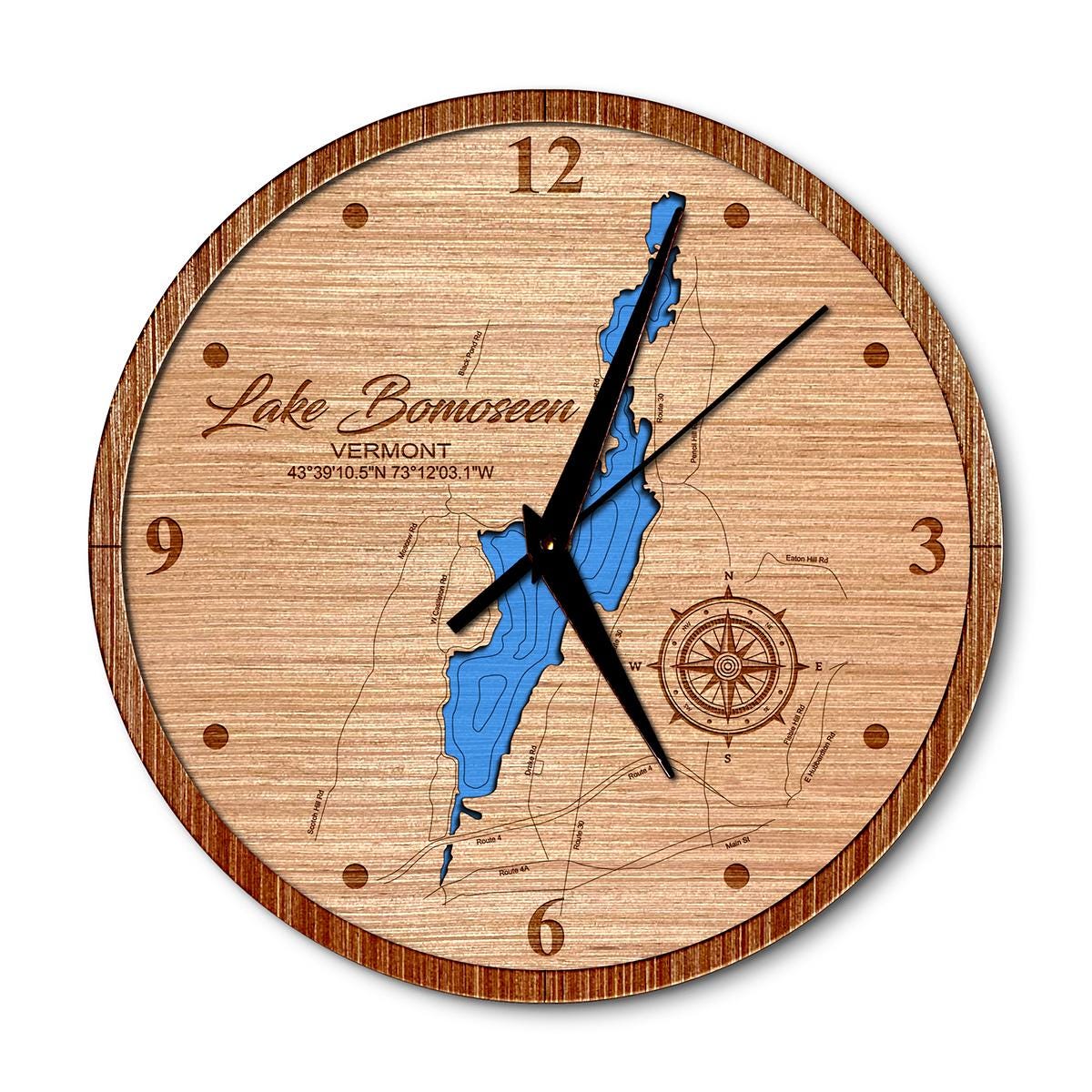 Lake Bomoseen Vermont 14in Layered Map Clock - Any Lake, Pond, or Reservoir - Unique Home Decor