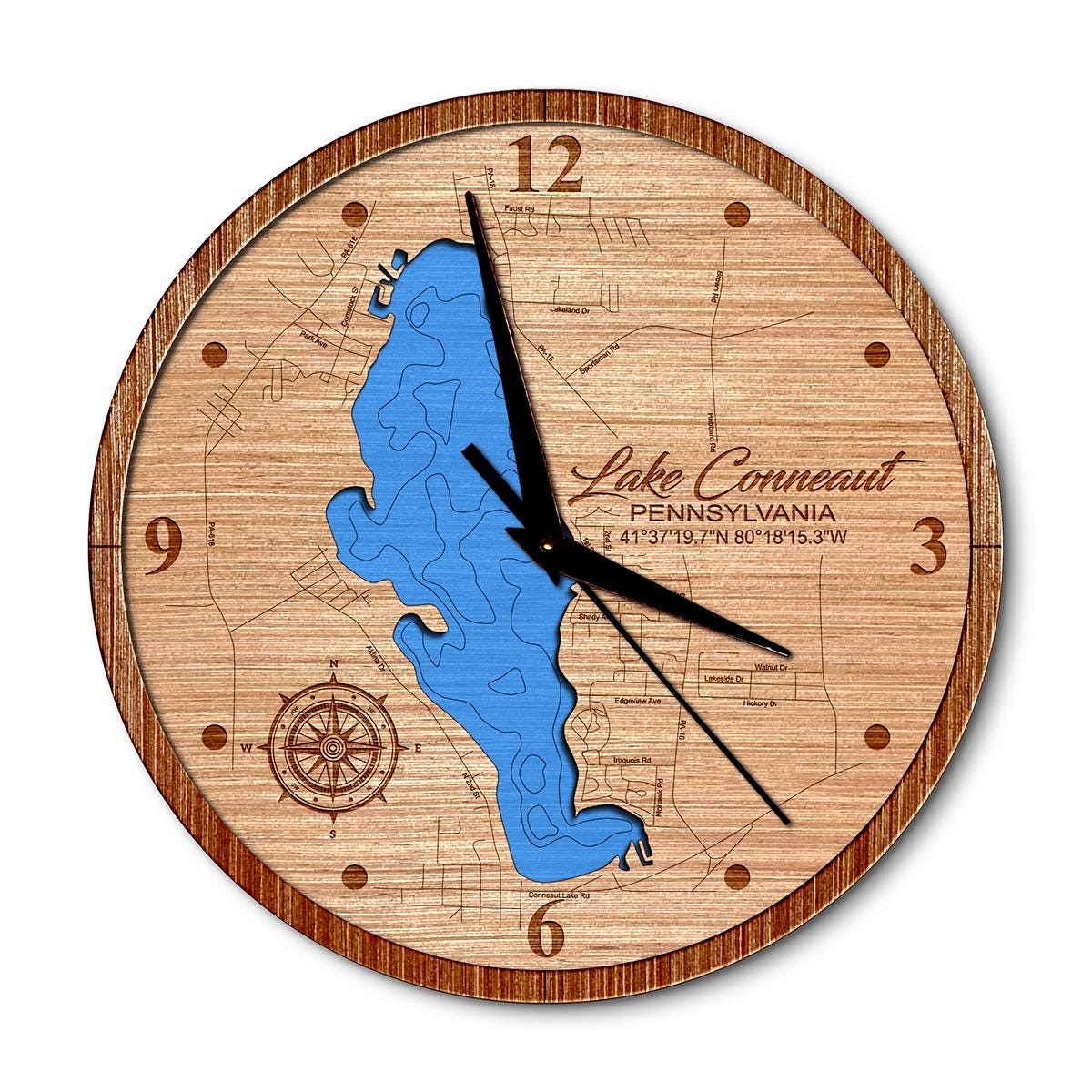 Lake Conneaut Pennsylvania 14in Layered Map Clock - Any Lake, Pond, or Reservoir - Unique Home Decor