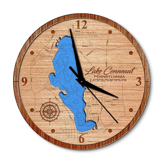 Lake Conneaut Pennsylvania 14in Layered Map Clock - Any Lake, Pond, or Reservoir - Unique Home Decor