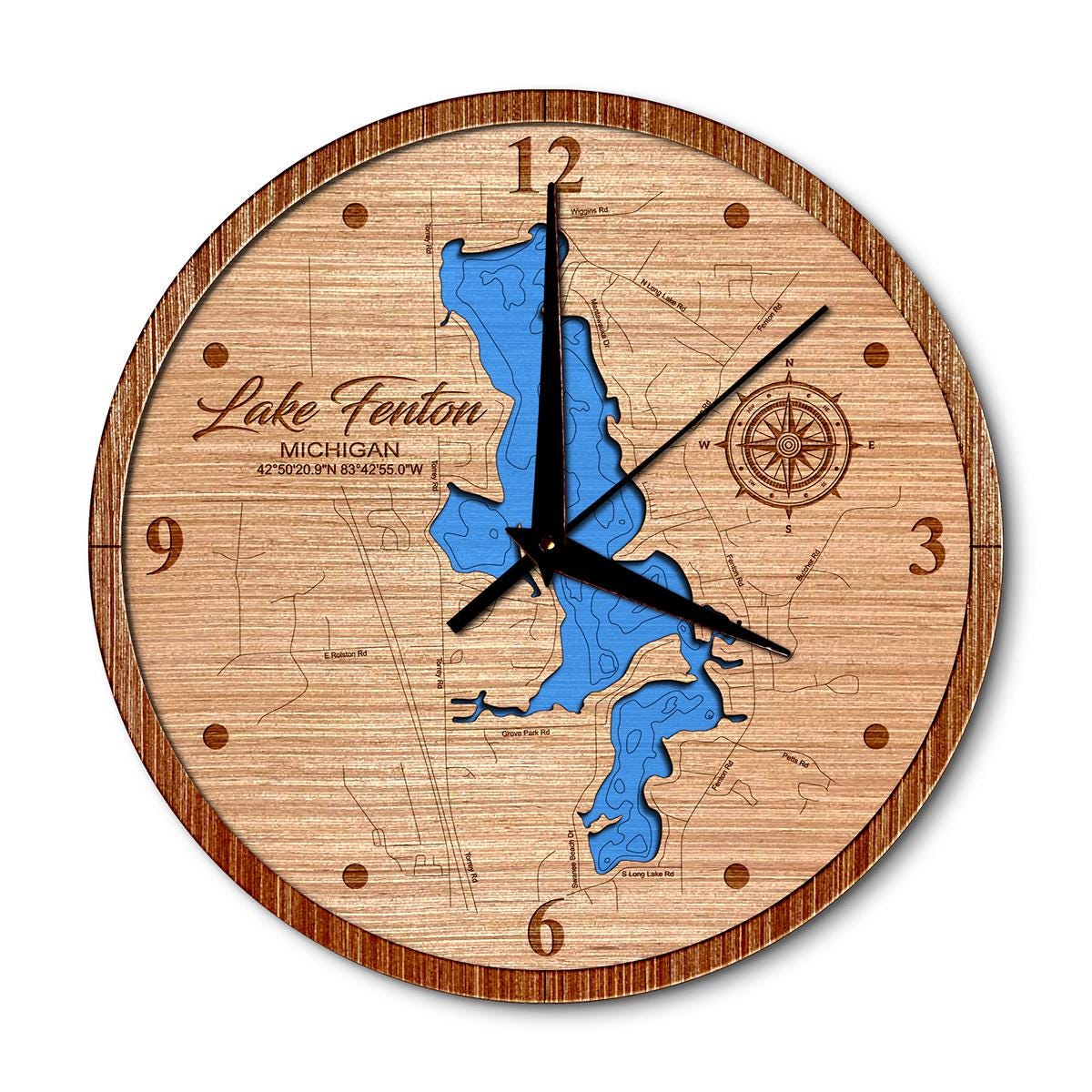 Lake Fenton Michigan 14in Layered Map Clock - Any Lake, Pond, or Reservoir - Unique Home Decor