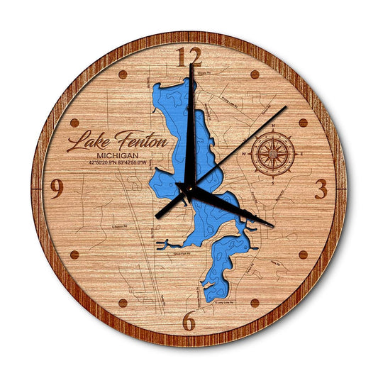Lake Fenton Michigan 14in Layered Map Clock - Any Lake, Pond, or Reservoir - Unique Home Decor