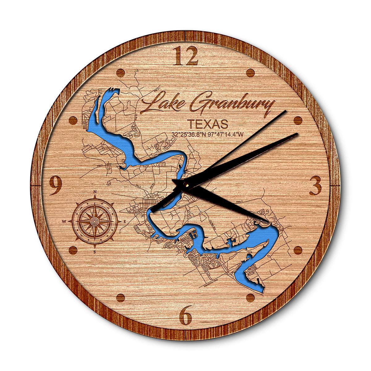 Lake Granbury Texas 14in Layered Map Clock - Any Lake, Pond, or Reservoir - Unique Home Decor