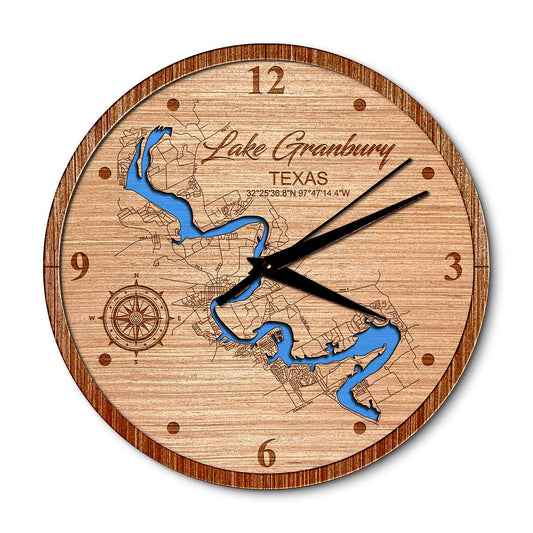 Lake Granbury Texas 14in Layered Map Clock - Any Lake, Pond, or Reservoir - Unique Home Decor