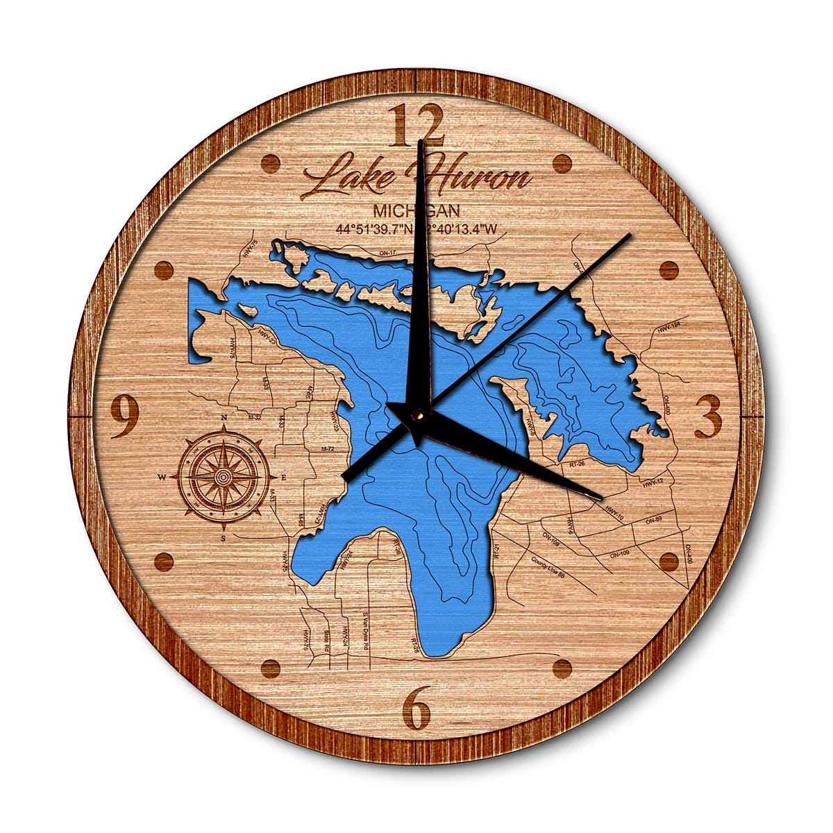 Lake Huron Michigan 14in Layered Map Clock - Any Lake, Pond, or Reservoir - Unique Home Decor