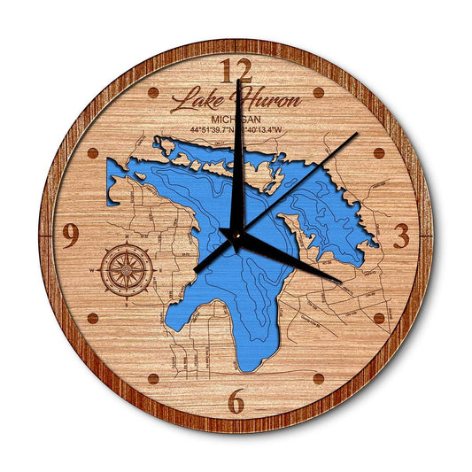 Lake Huron Michigan 14in Layered Map Clock - Any Lake, Pond, or Reservoir - Unique Home Decor
