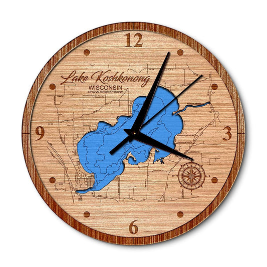 Lake Koshkonong, Wisconsin Layered Map Clock - Any Lake, Pond, or Reservoir - Unique Home Decor
