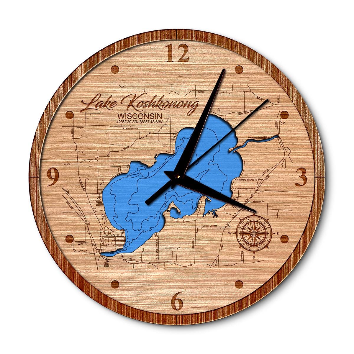 Lake Koshkonong Wisconsin 14in Layered Map Clock - Any Lake, Pond, or Reservoir - Unique Home Decor