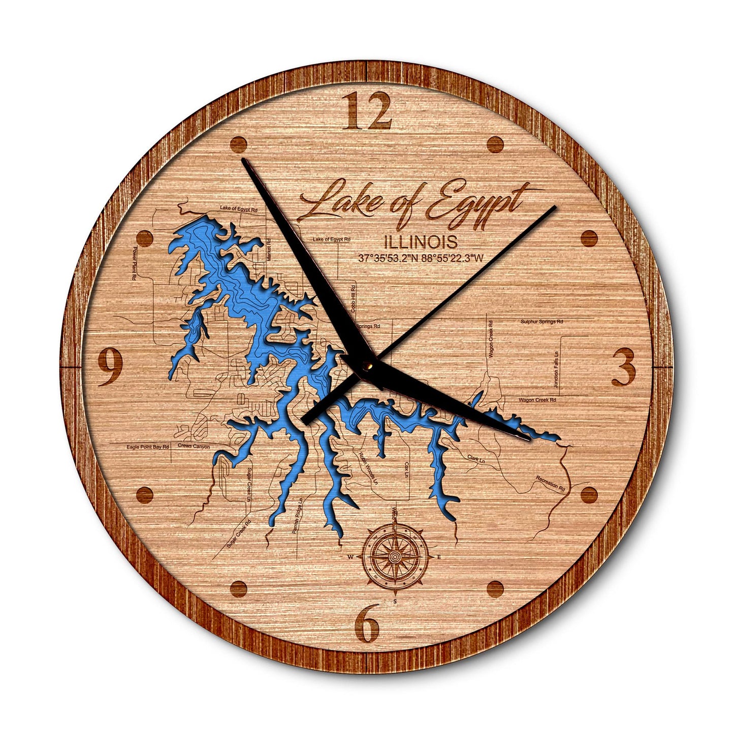 Lake of Egypt Illinois 14in Layered Map Clock - Any Lake, Pond, or Reservoir - Unique Home Decor