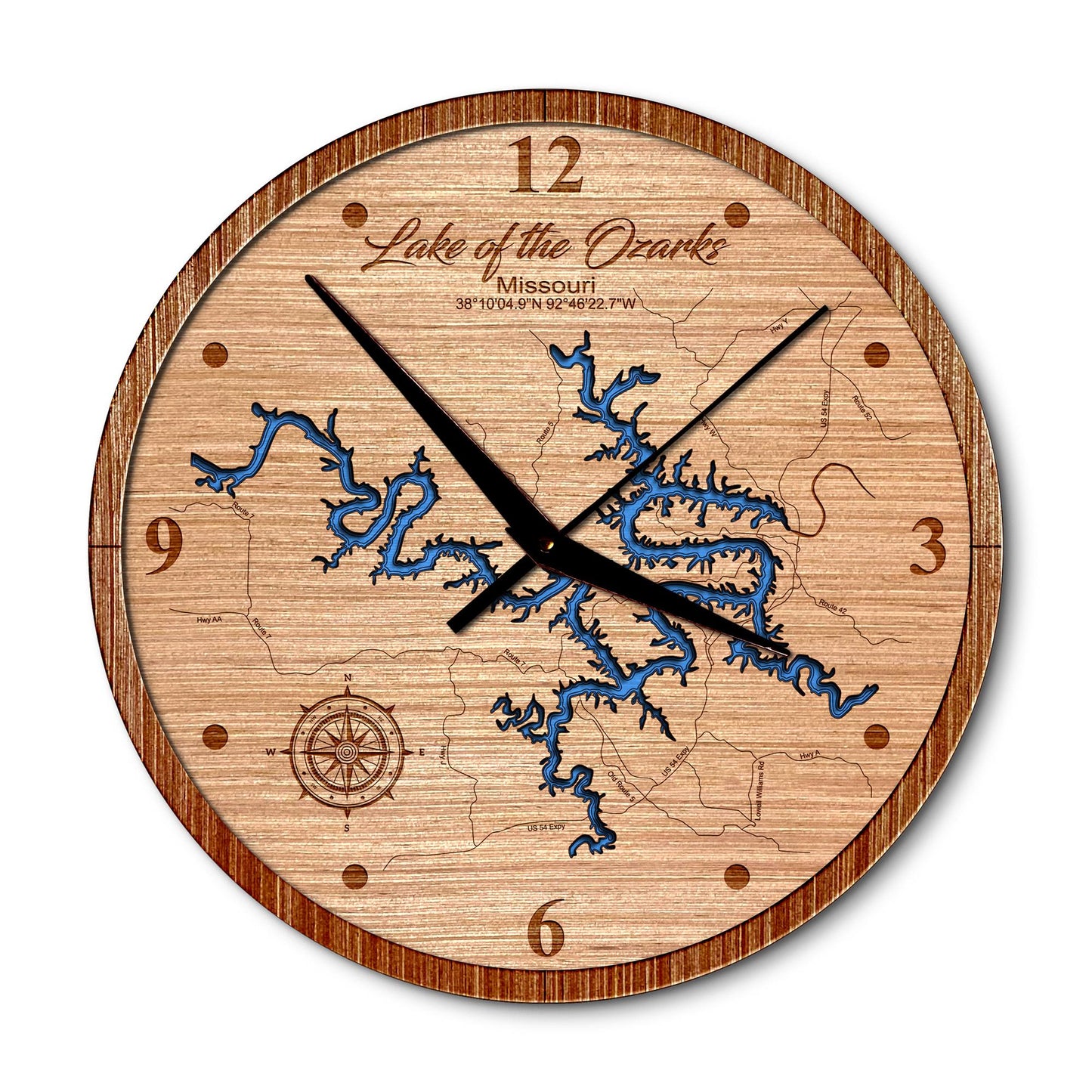 Lake of the Ozarks Missouri 14in Layered Map Clock - Any Lake, Pond, or Reservoir - Unique Home Decor