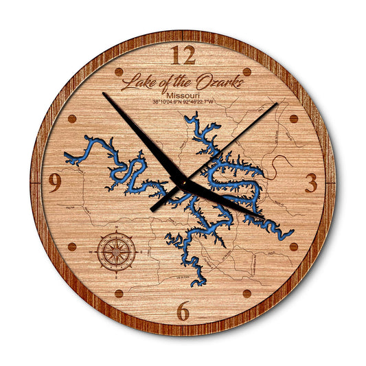 Lake of the Ozarks Missouri 14in Layered Map Clock - Any Lake, Pond, or Reservoir - Unique Home Decor