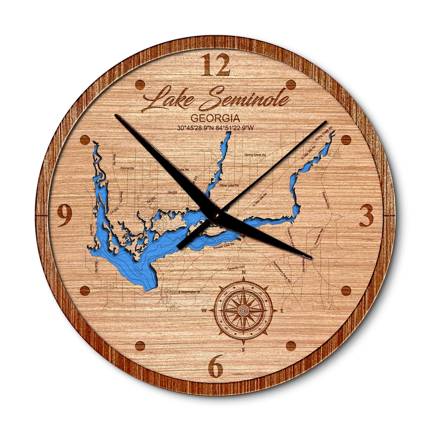 Lake Seminole Georgia 14in Layered Map Clock - Any Lake, Pond, or Reservoir - Unique Home Decor