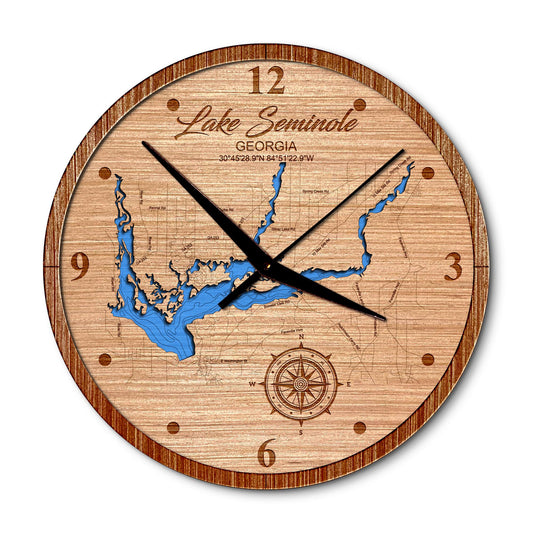Lake Seminole Georgia 14in Layered Map Clock - Any Lake, Pond, or Reservoir - Unique Home Decor