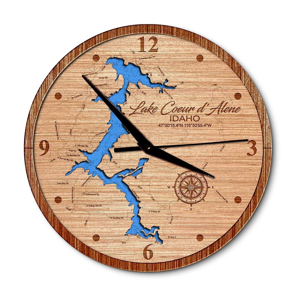 Lake Coeur d'Alene Idaho 14in Layered Map Clock - Any Lake, Pond, or Reservoir - Unique Home Decor