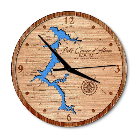 Lake Coeur d'Alene Idaho 14in Layered Map Clock - Any Lake, Pond, or Reservoir - Unique Home Decor