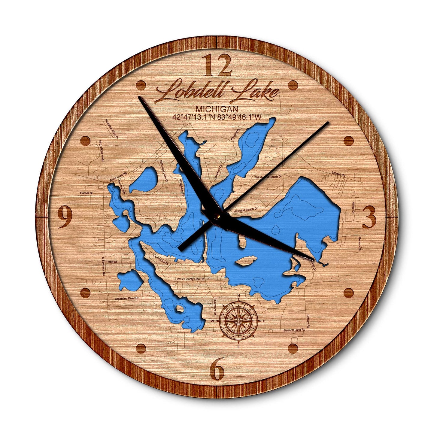 Lobdell Lake Michigan 14in Layered Map Clock - Any Lake, Pond, or Reservoir - Unique Home Decor