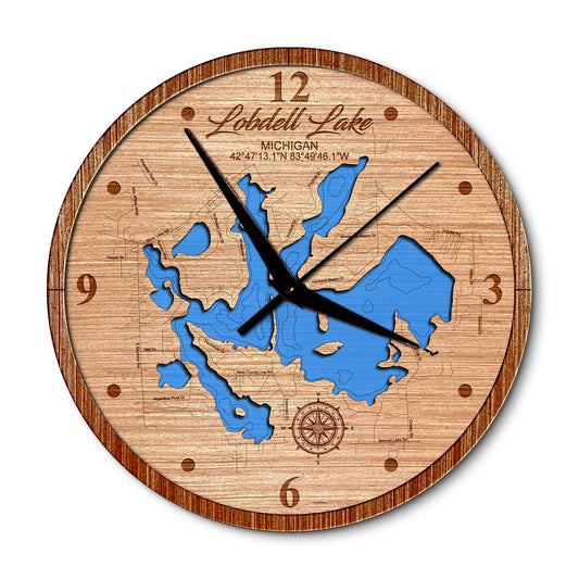 Lobdell Lake Michigan 14in Layered Map Clock - Any Lake, Pond, or Reservoir - Unique Home Decor