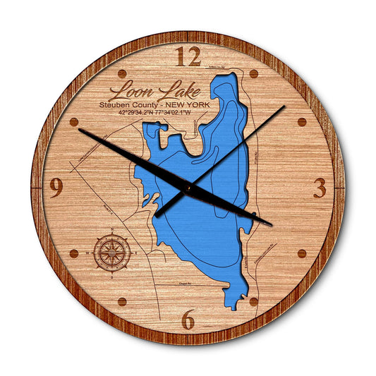 Loon Lake in Steuban County, New York Layered Map Clock - Any Lake, Pond, or Reservoir - Unique Home Decor