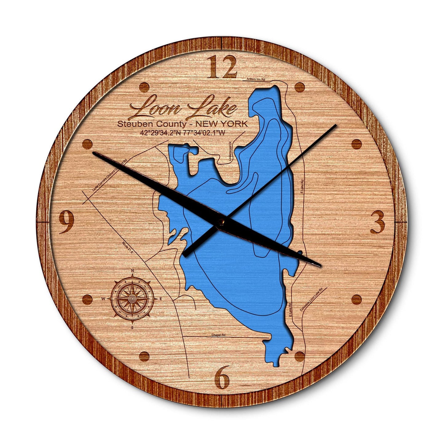 Loon Lake in Steuben County, New York 14in Layered Map Clock - Any Lake, Pond, or Reservoir - Unique Home Decor