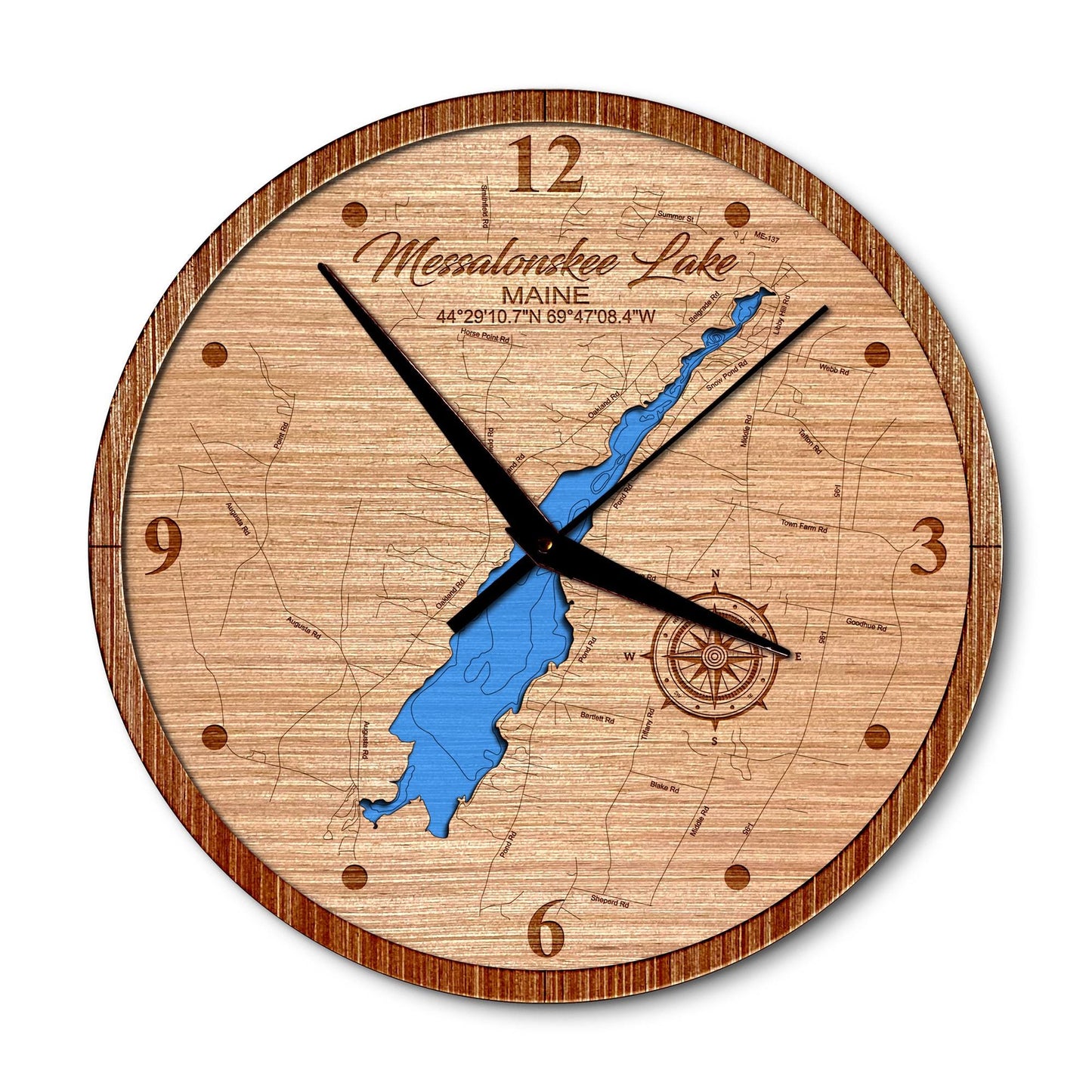 Messalonskee Lake Maine 14in Layered Map Clock - Any Lake, Pond, or Reservoir - Unique Home Decor