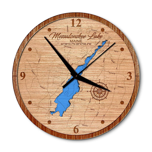 Messalonskee Lake Maine 14in Layered Map Clock - Any Lake, Pond, or Reservoir - Unique Home Decor