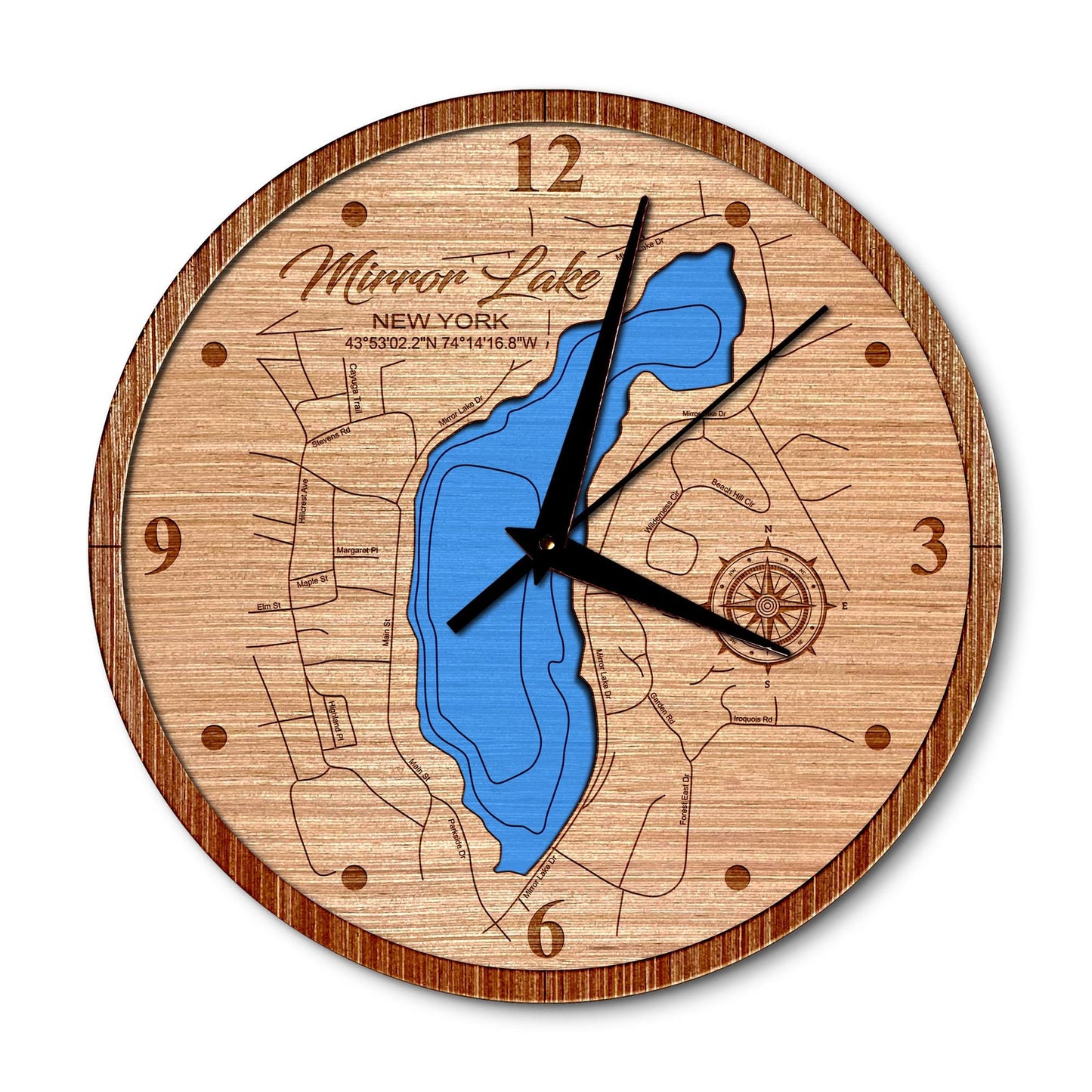 Mirror Lake New York 14in Layered Map Clock - Any Lake, Pond, or Reservoir - Unique Home Decor