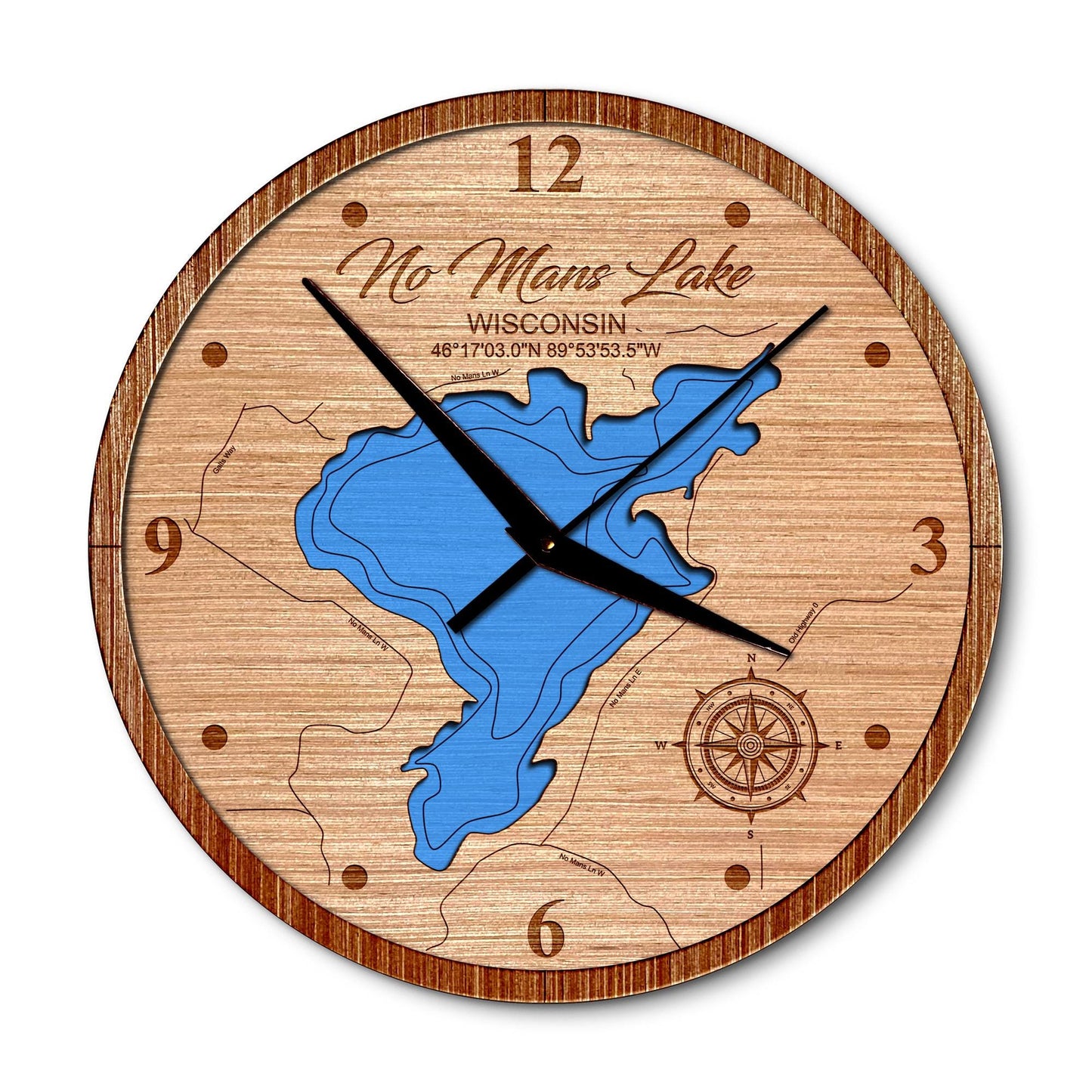 No Mans Lake, Wisconsin 14in Layered Map Clock - Any Lake, Pond, or Reservoir - Unique Home Decor