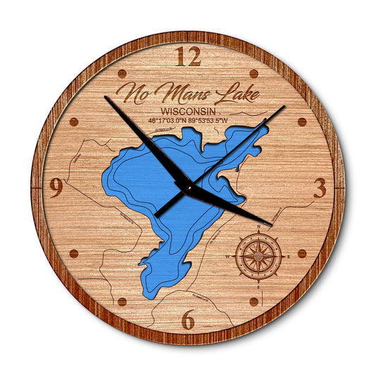 No Mans Lake, Wisconsin 14in Layered Map Clock - Any Lake, Pond, or Reservoir - Unique Home Decor