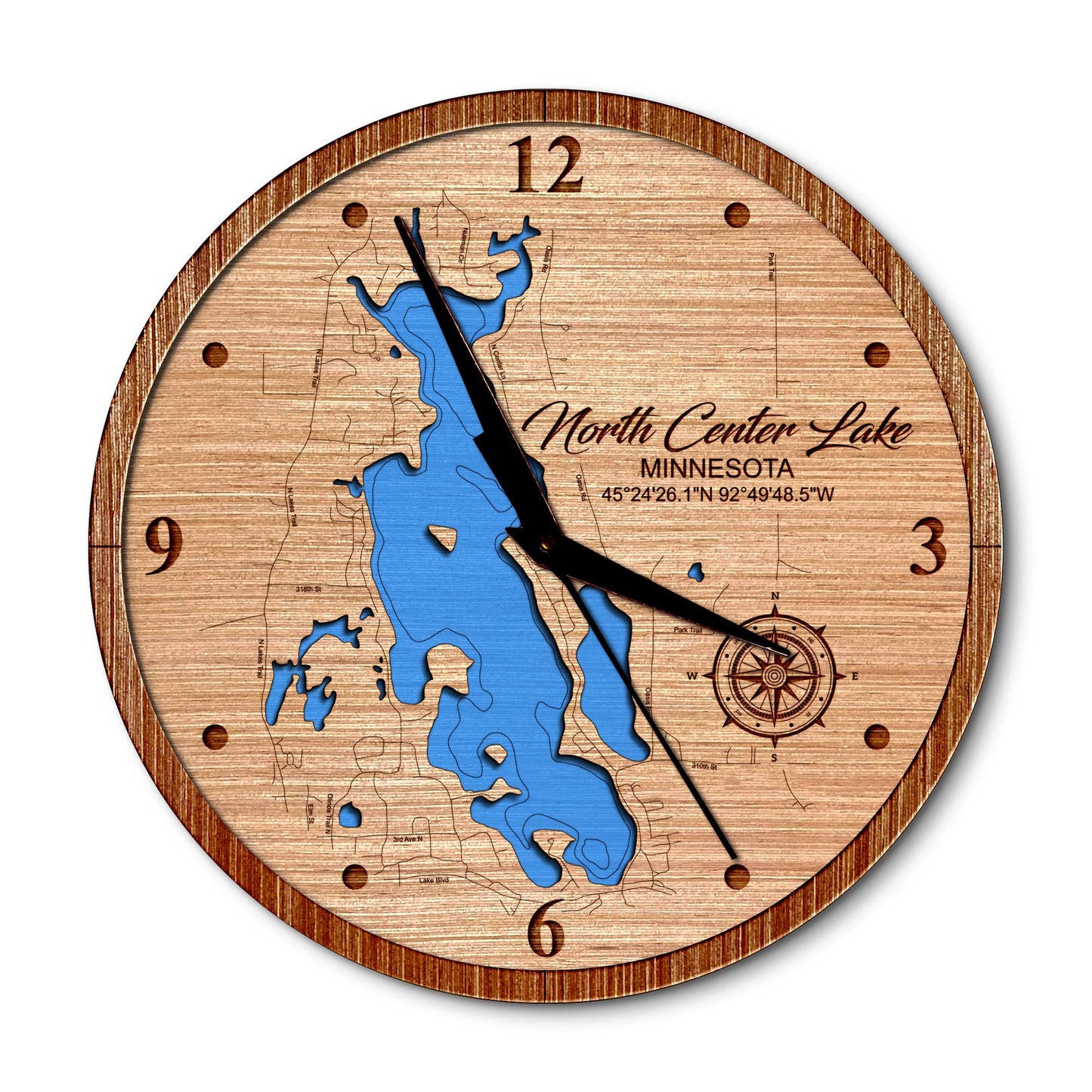 North Center Lake, Minnesota 14in Layered Map Clock - Any Lake, Pond, or Reservoir - Unique Home Decor