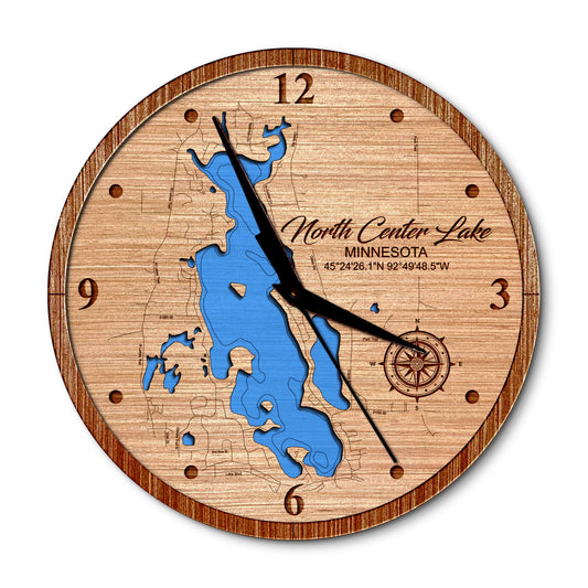 North Center Lake, Minnesota 14in Layered Map Clock - Any Lake, Pond, or Reservoir - Unique Home Decor