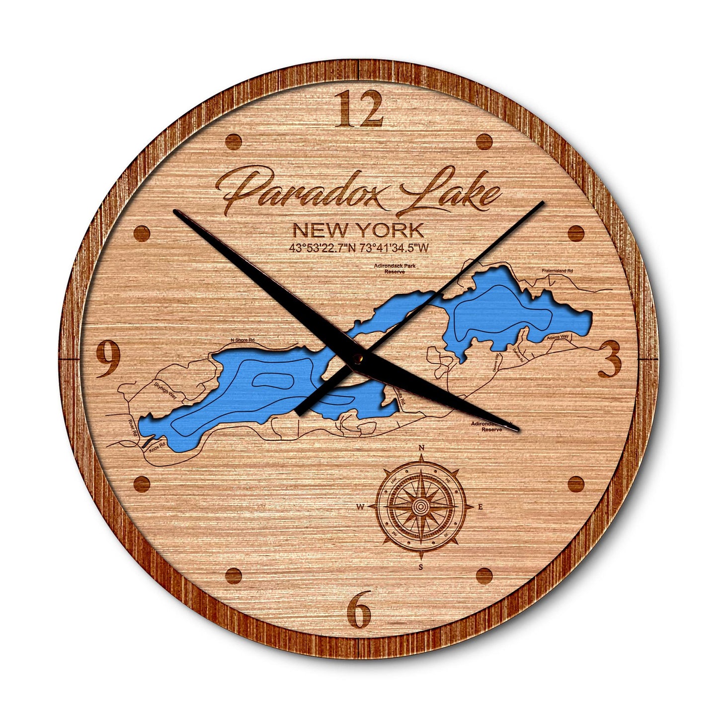 Paradox Lake New York 14in Layered Map Clock - Any Lake, Pond, or Reservoir - Unique Home Decor