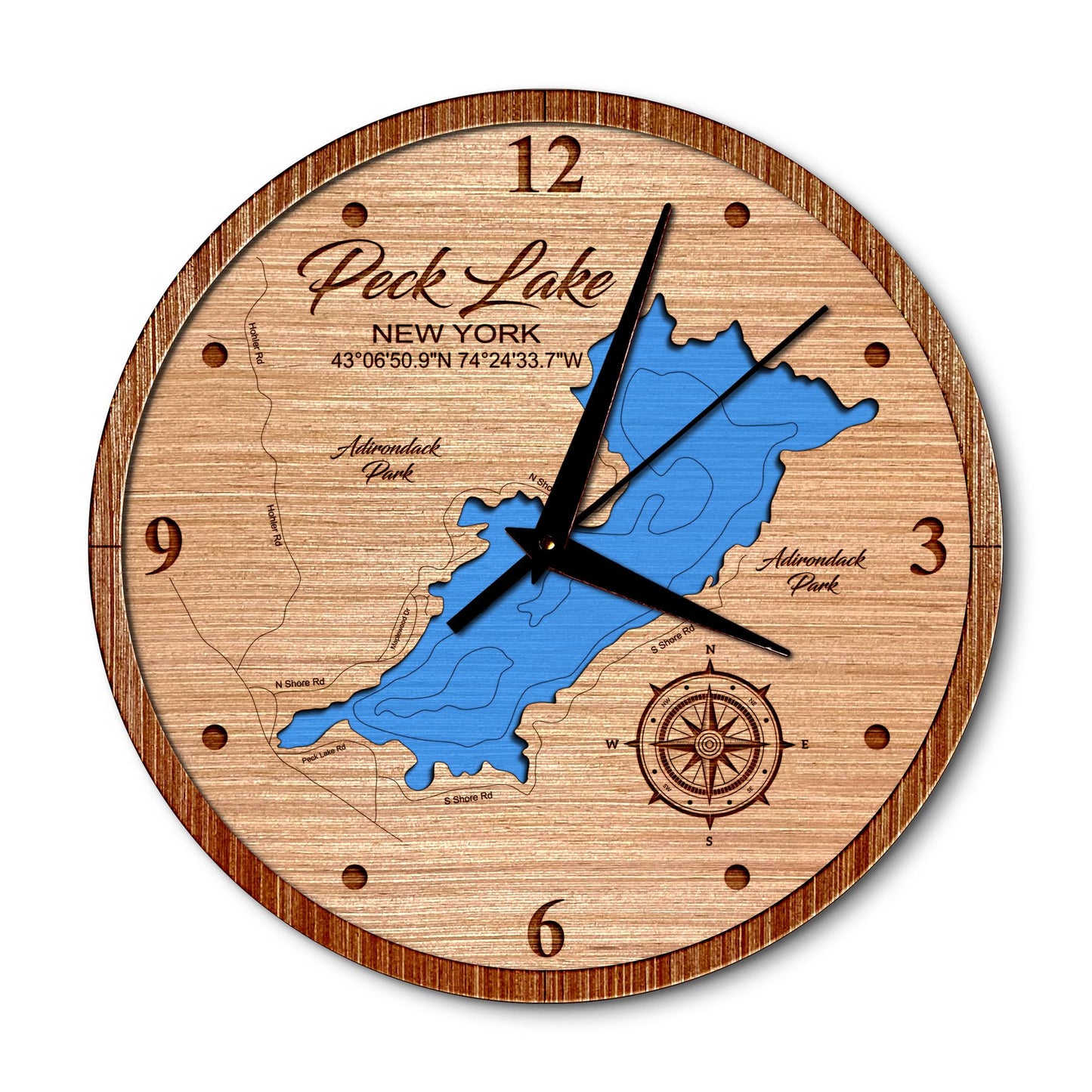 Peck Lake New York 14in Layered Map Clock - Any Lake, Pond, or Reservoir - Unique Home Decor