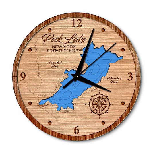 Peck Lake New York 14in Layered Map Clock - Any Lake, Pond, or Reservoir - Unique Home Decor