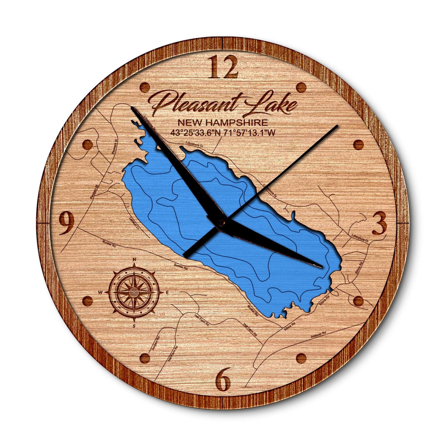 Pleasant Lake New Hampshire 14in Layered Map Clock - Any Lake, Pond, or Reservoir - Unique Home Decor