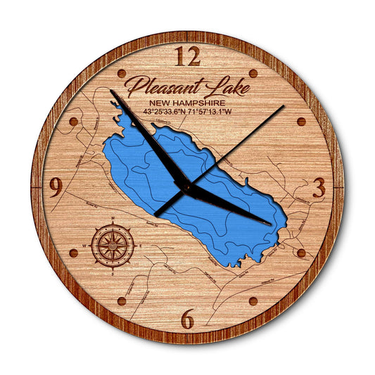 Pleasant Lake New Hampshire 14in Layered Map Clock - Any Lake, Pond, or Reservoir - Unique Home Decor