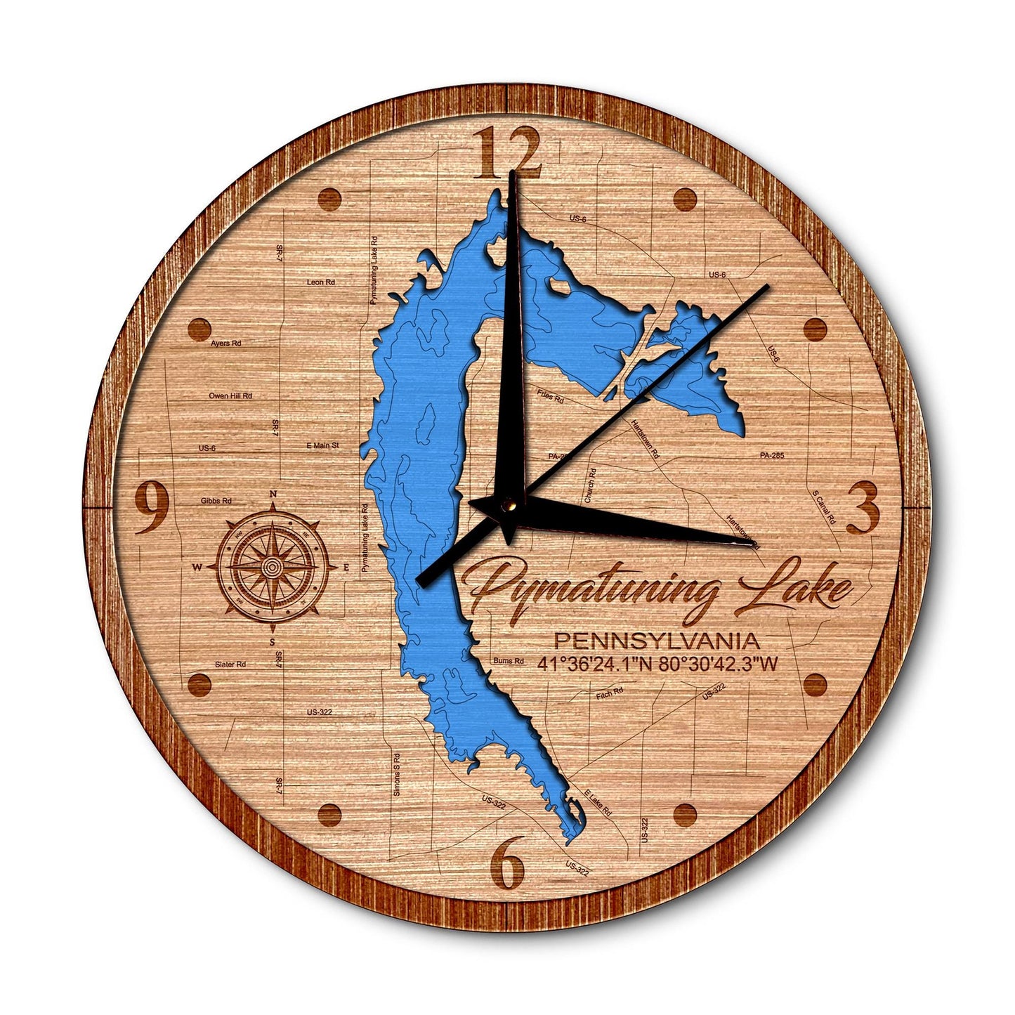 Pymatuning Lake Pennsylvania 14in Layered Map Clock - Any Lake, Pond, or Reservoir - Unique Home Decor