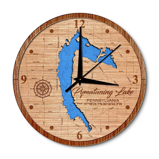 Pymatuning Lake Pennsylvania 14in Layered Map Clock - Any Lake, Pond, or Reservoir - Unique Home Decor
