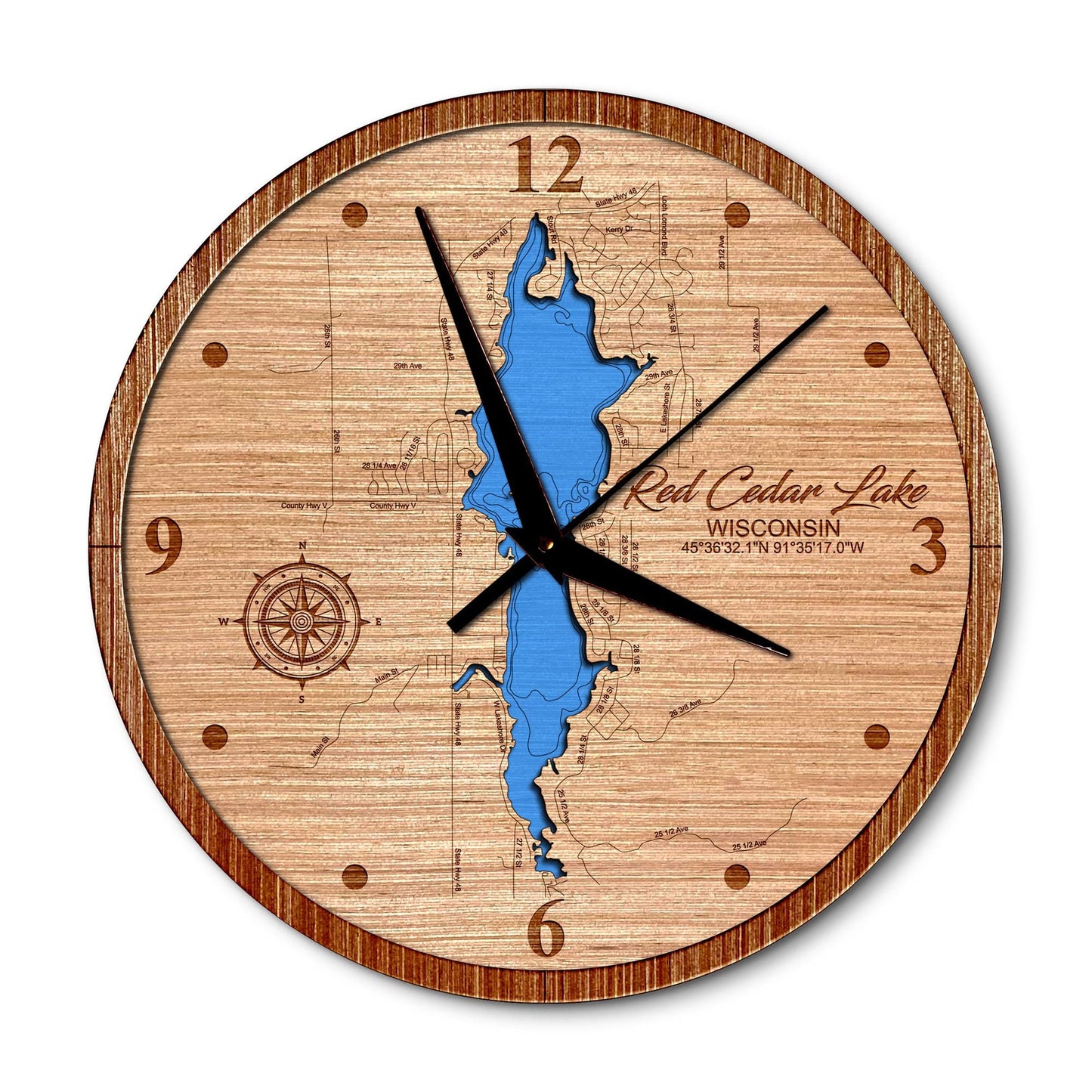 Red Cedar Lake, Wisconsin 14in Layered Map Clock - Any Lake, Pond, or Reservoir - Unique Home Decor