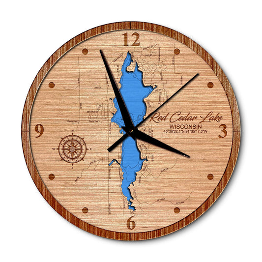 Red Cedar Lake, Wisconsin 14in Layered Map Clock - Any Lake, Pond, or Reservoir - Unique Home Decor