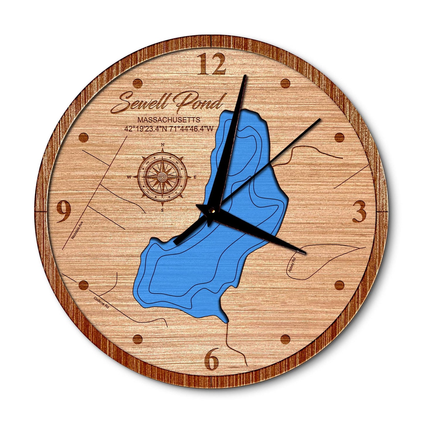 Sewell Pond Massachusetts 14in Layered Map Clock - Any Lake, Pond, or Reservoir - Unique Home Decor
