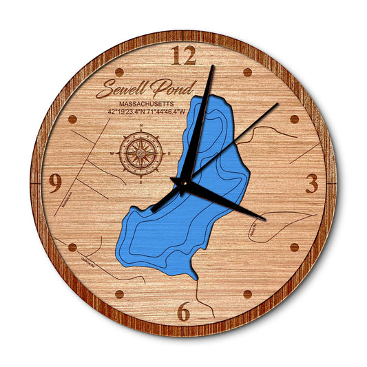 Sewell Pond Massachusetts 14in Layered Map Clock - Any Lake, Pond, or Reservoir - Unique Home Decor