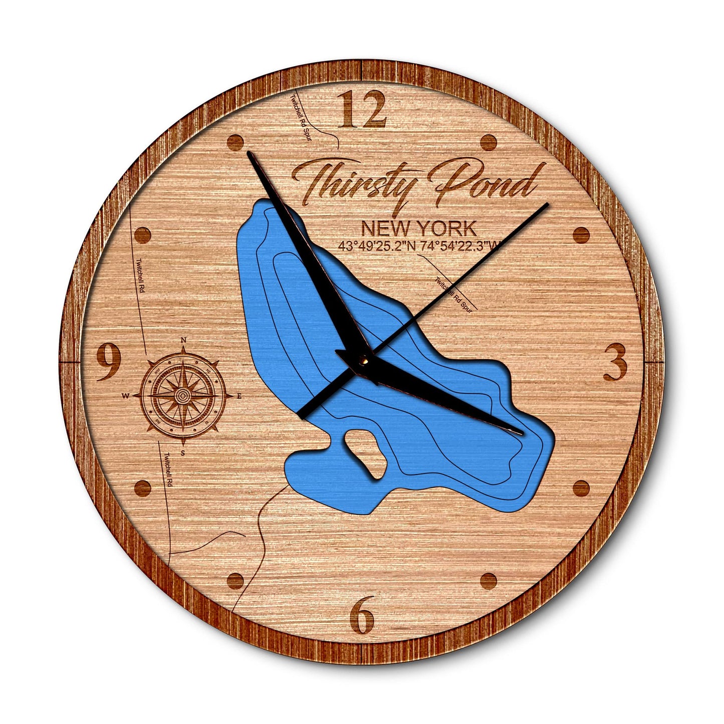 Thirsty Pond New York 14in Layered Map Clock - Any Lake, Pond, or Reservoir - Unique Home Decor