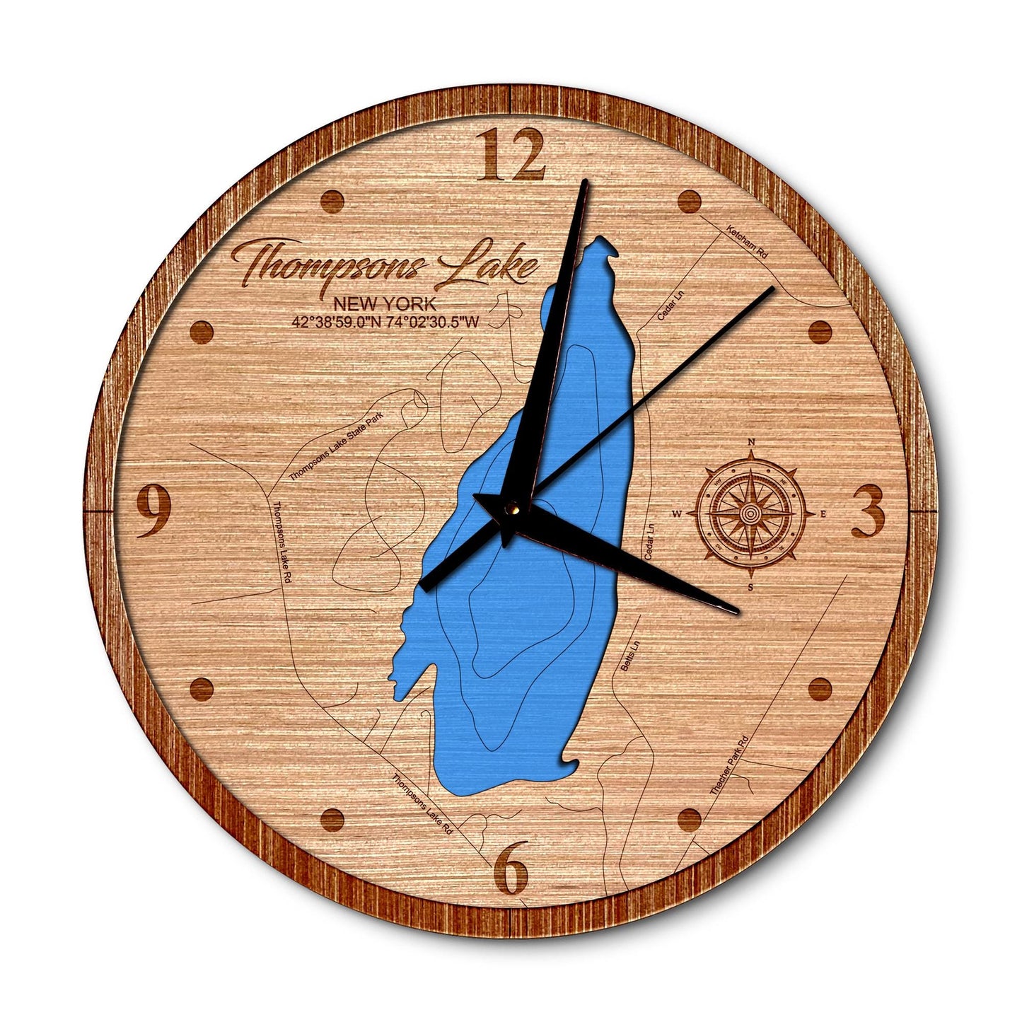 Thompsons Lake, New York 14in Layered Map Clock - Any Lake, Pond, or Reservoir - Unique Home Decor