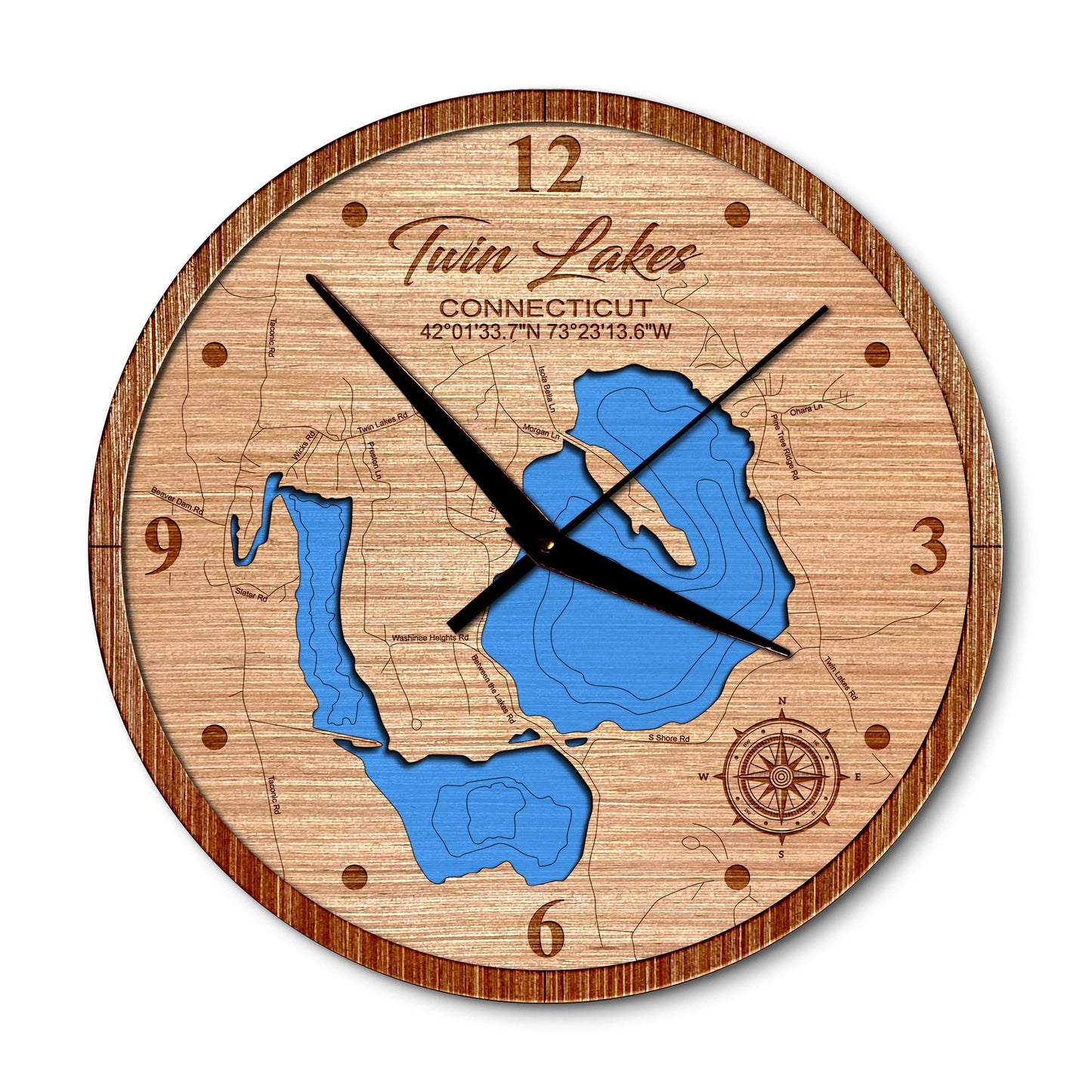 Twin Lakes - Connecticut 14in Layered Map Clock - Any Lake, Pond, or Reservoir - Unique Home Decor