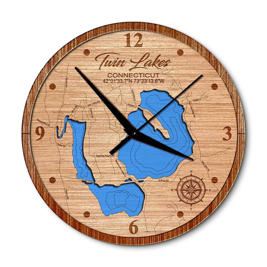 Twin Lakes - Connecticut 14in Layered Map Clock - Any Lake, Pond, or Reservoir - Unique Home Decor